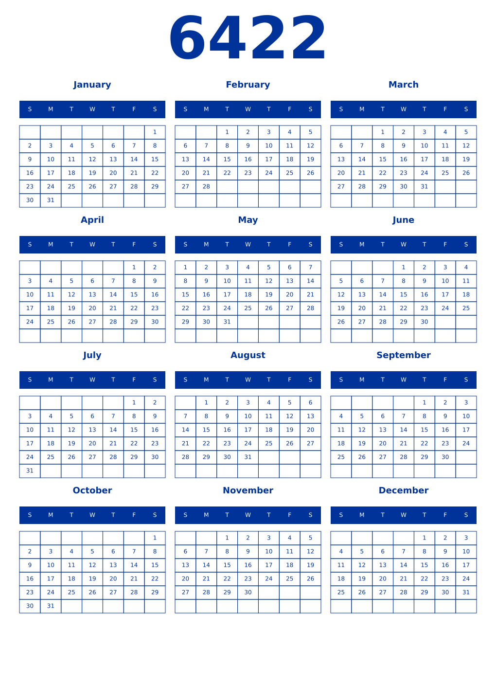 Printable 6422 Year Calendars smalt