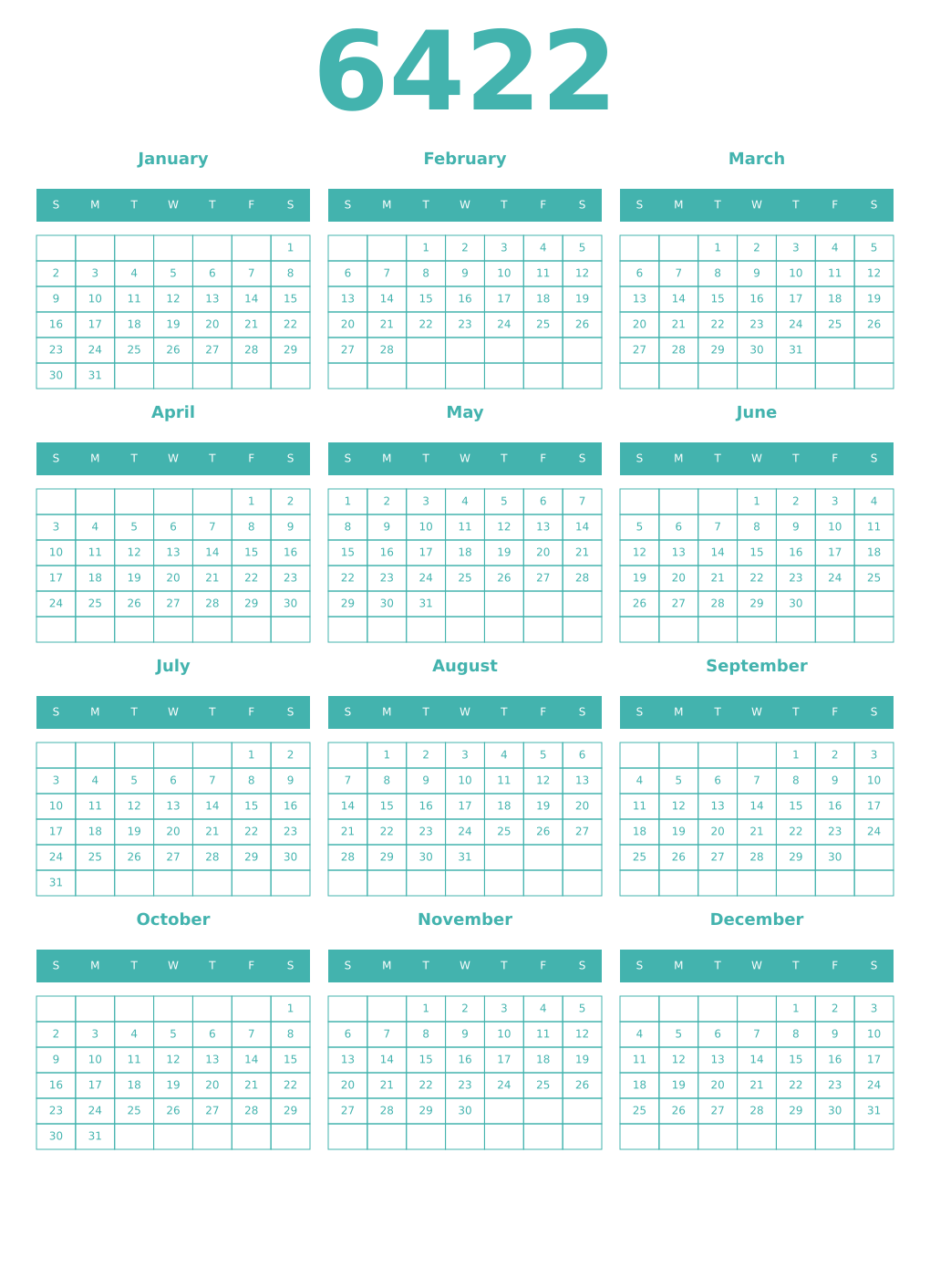 Printable 6422 Year Calendars verdigris
