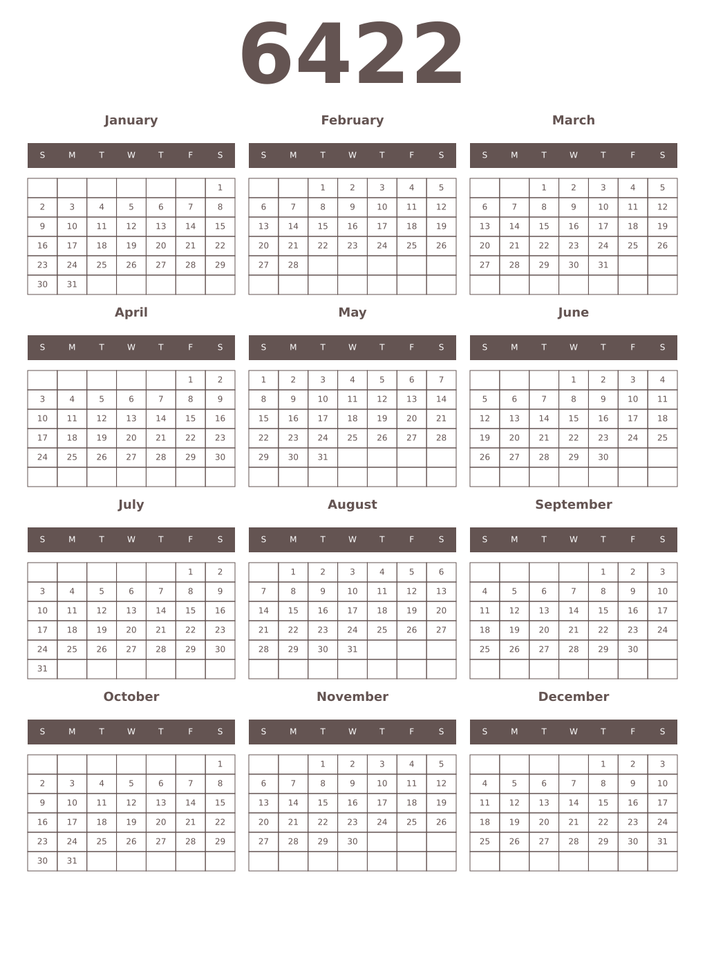 Printable 6422 Year Calendars wenge