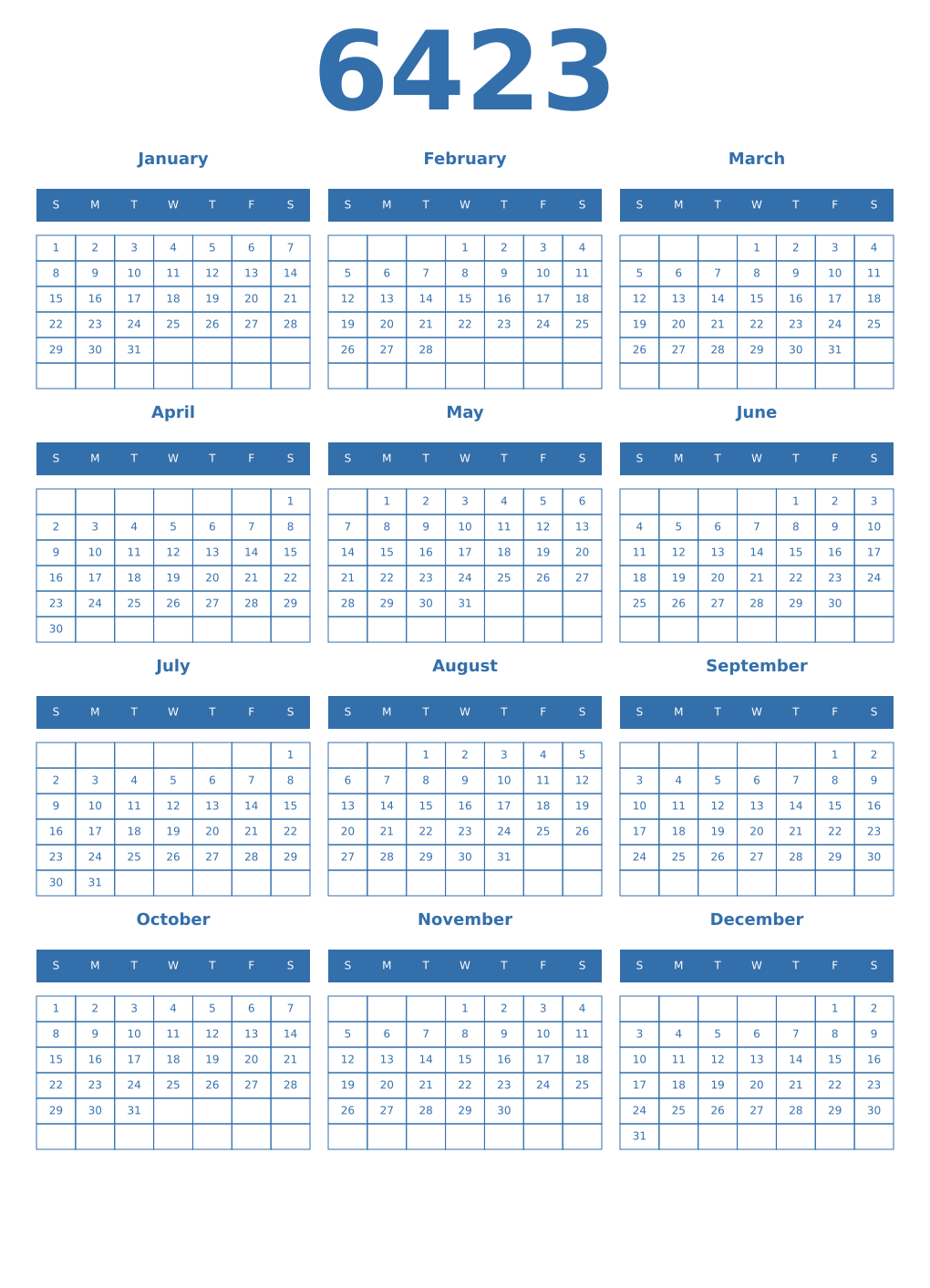 Printable 6423 Year Calendars blue