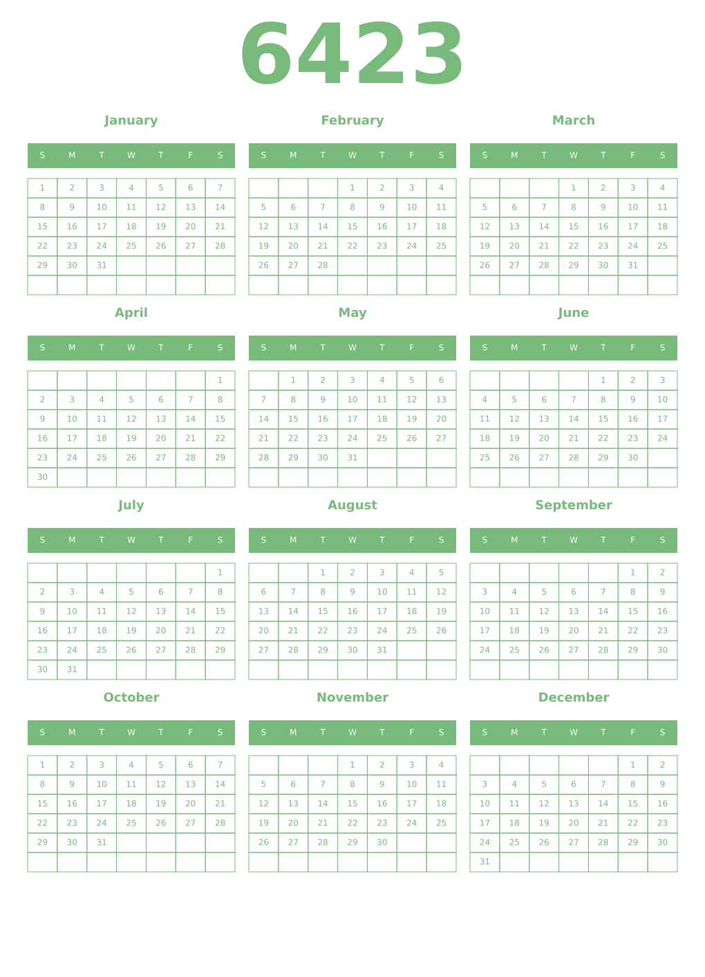 Printable 6423 Year Calendars celadon