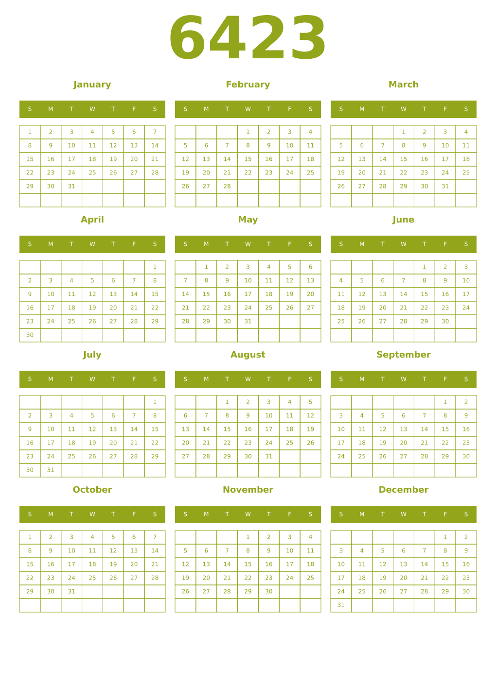 Printable 6423 Year Calendars chartreuse