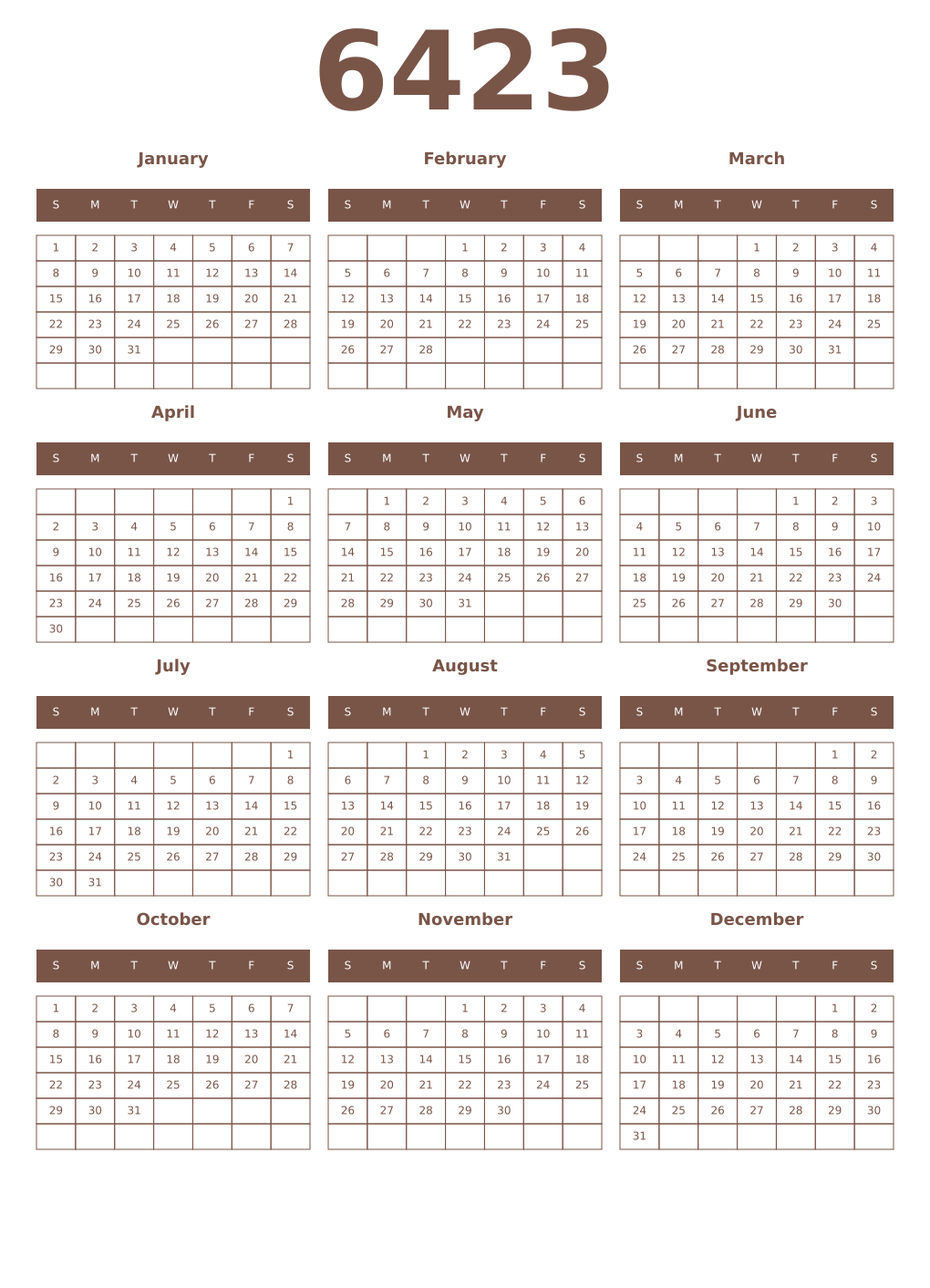 Printable 6423 Year Calendars coffe
