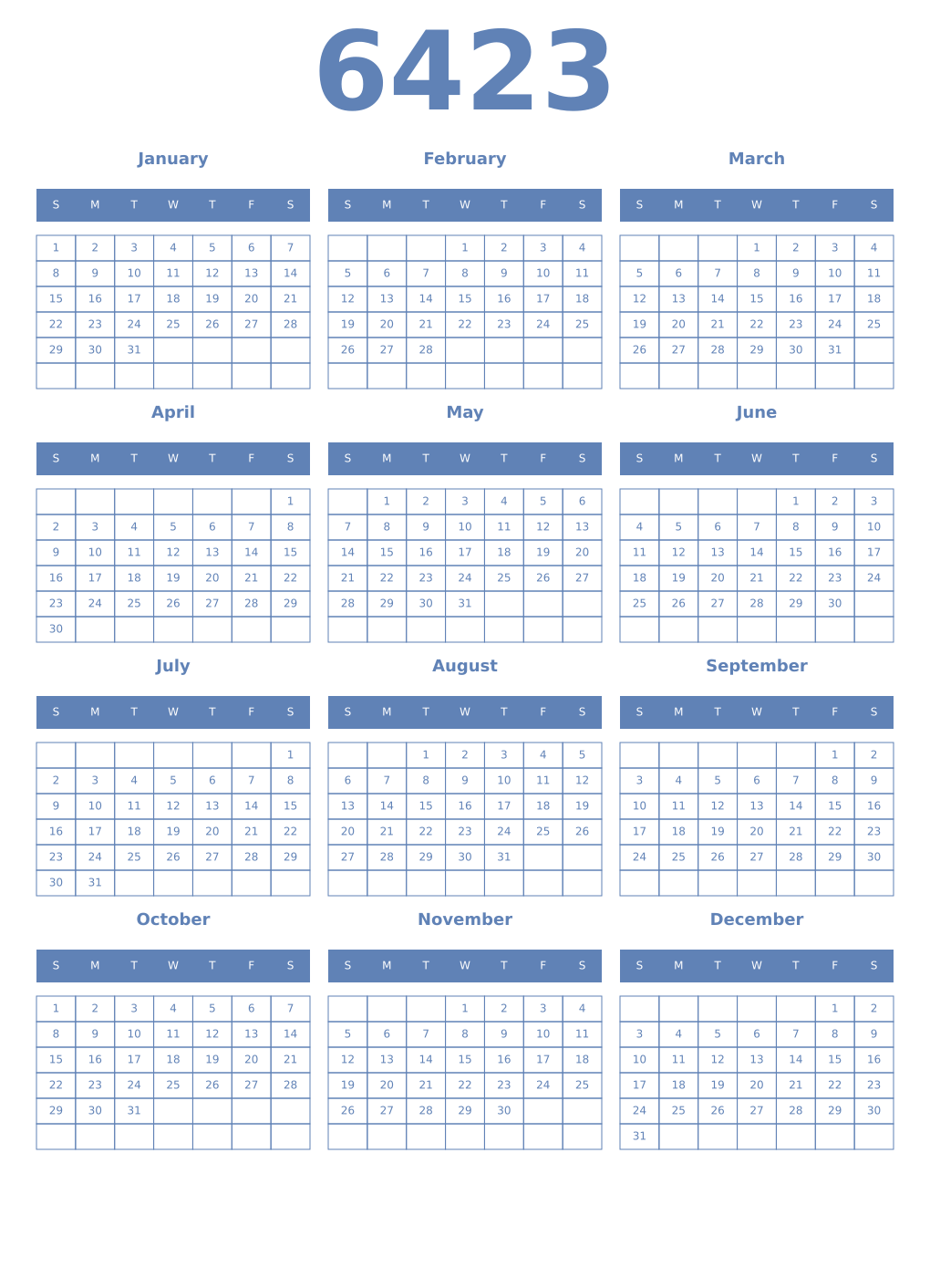Printable 6423 Year Calendars glaucous
