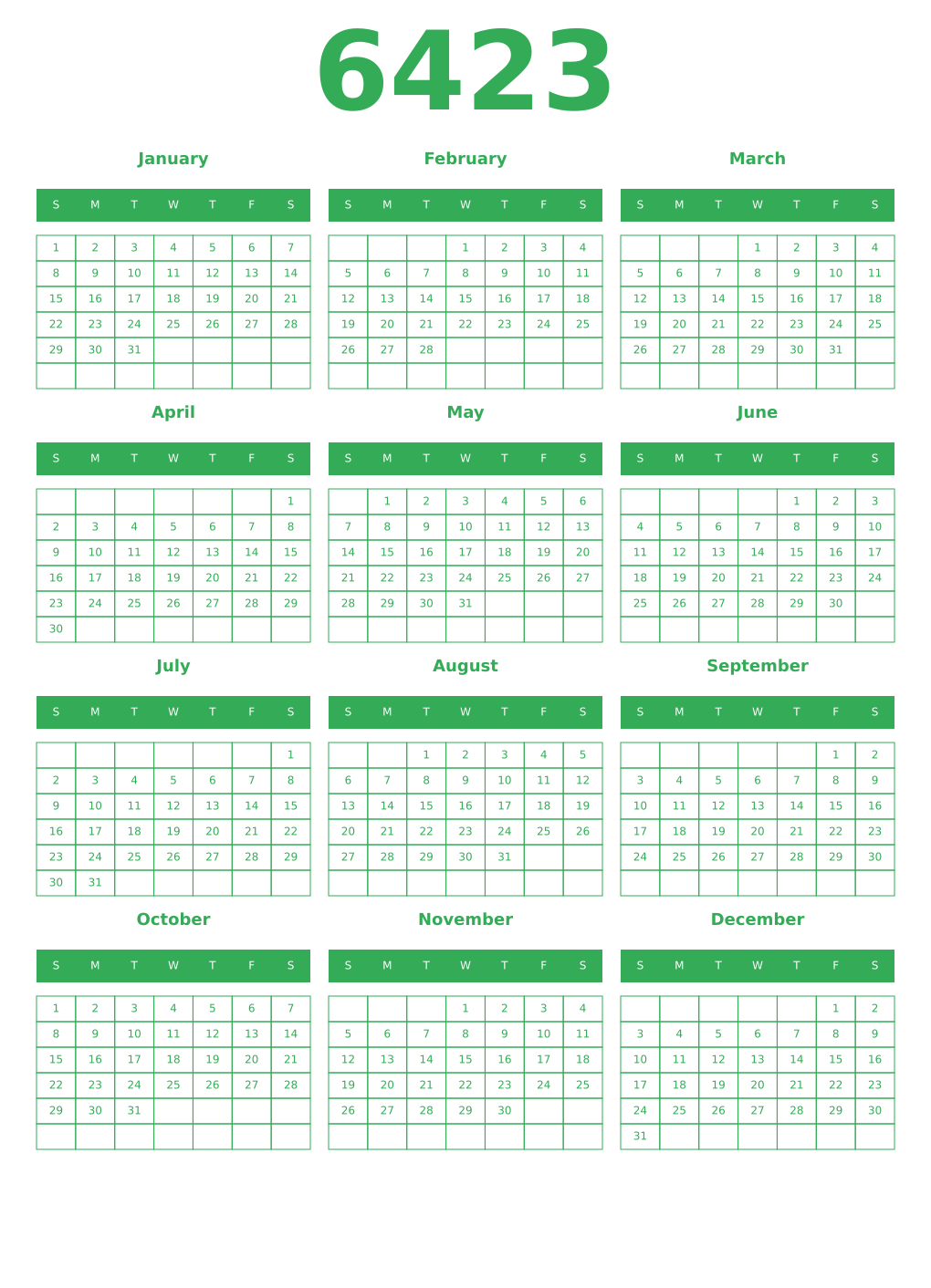 Printable 6423 Year Calendars green