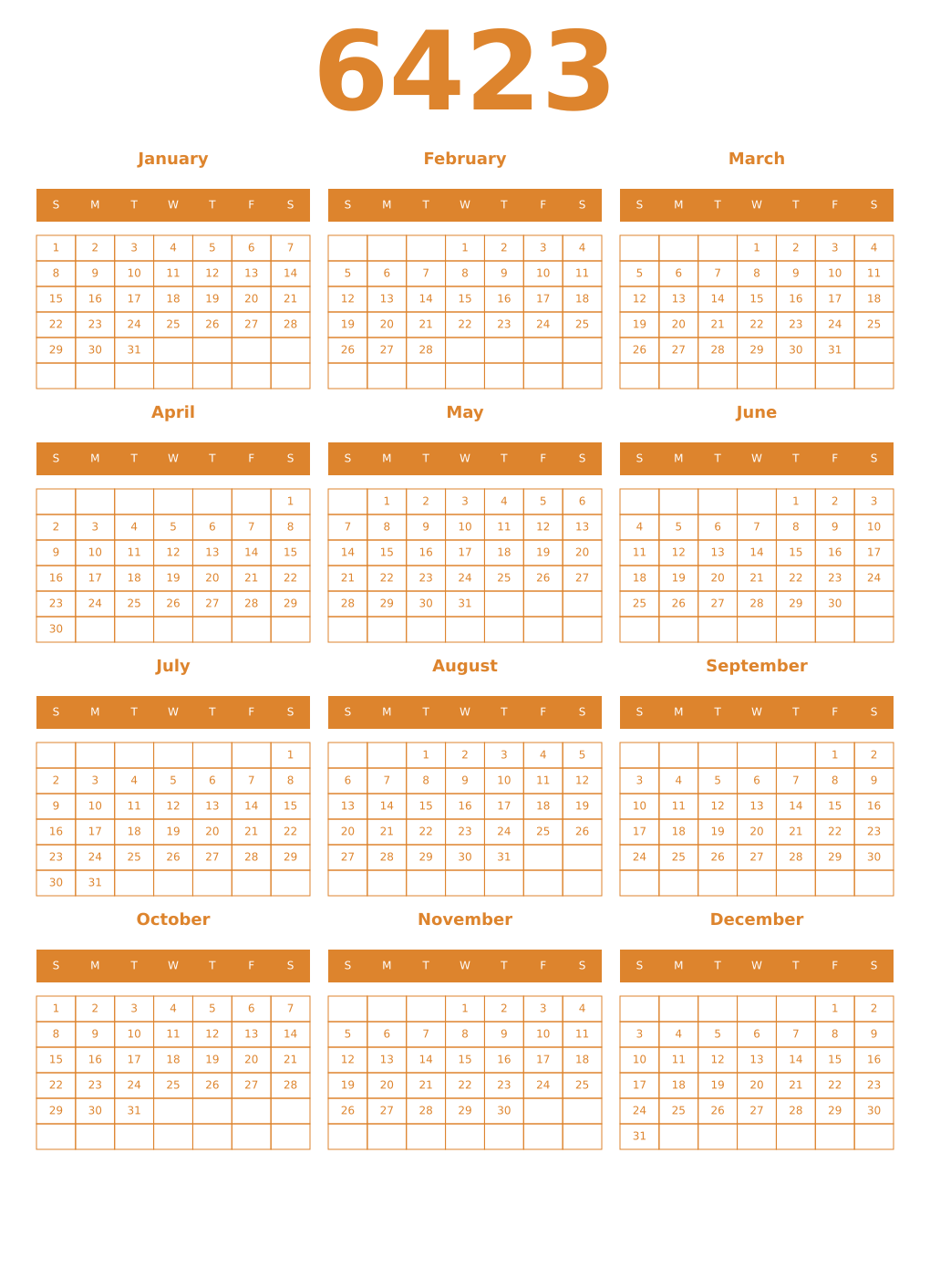 Printable 6423 Year Calendars orange