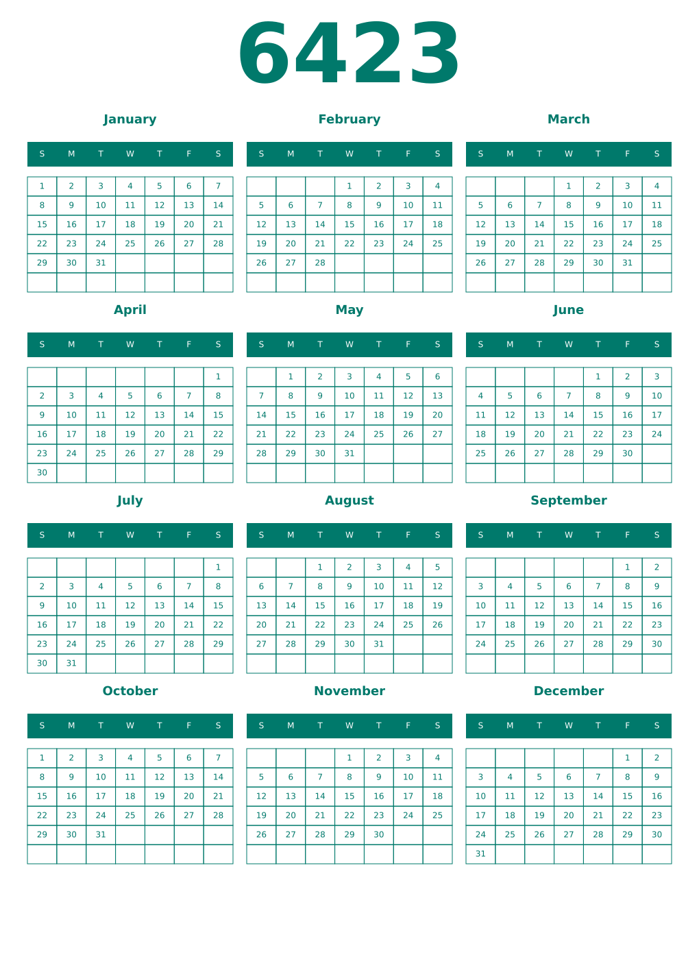 Printable 6423 Year Calendars pastel