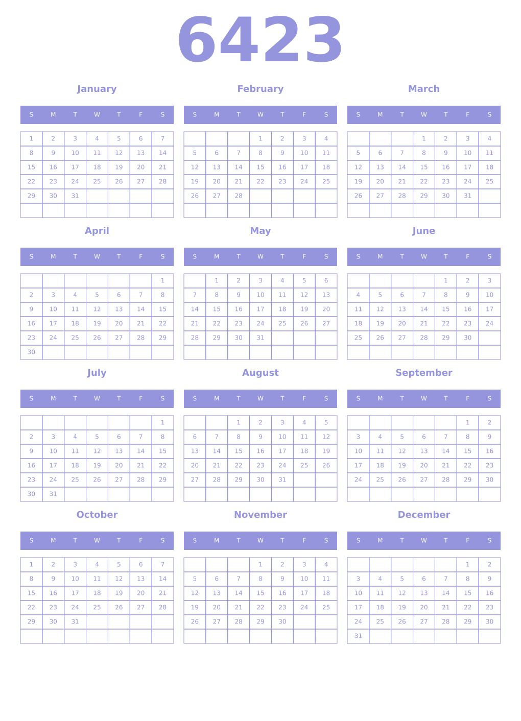 Printable 6423 Year Calendars periwinkle