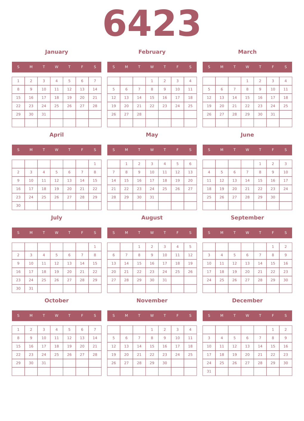 Printable 6423 Year Calendars puce