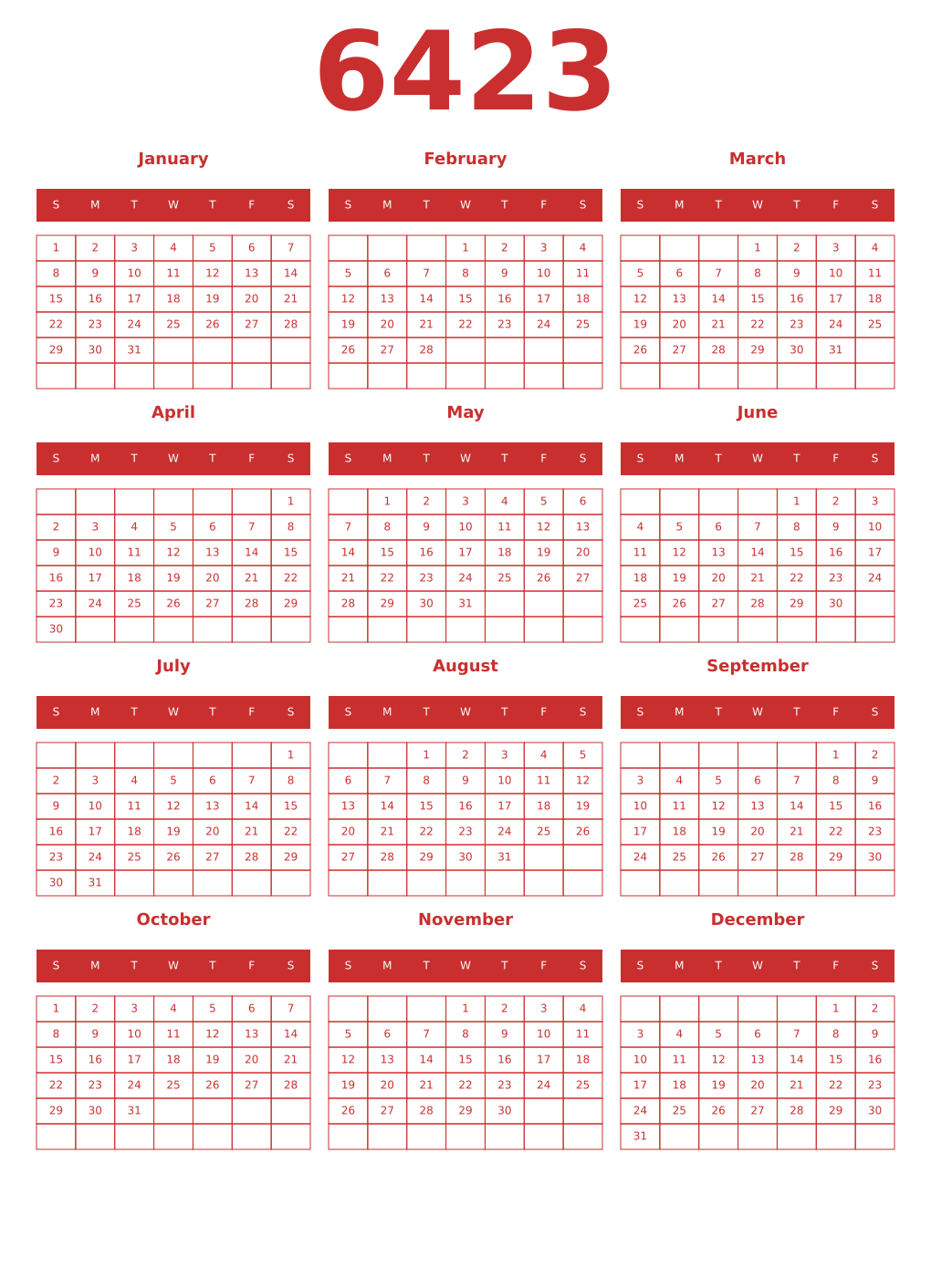 Printable 6423 Year Calendars red