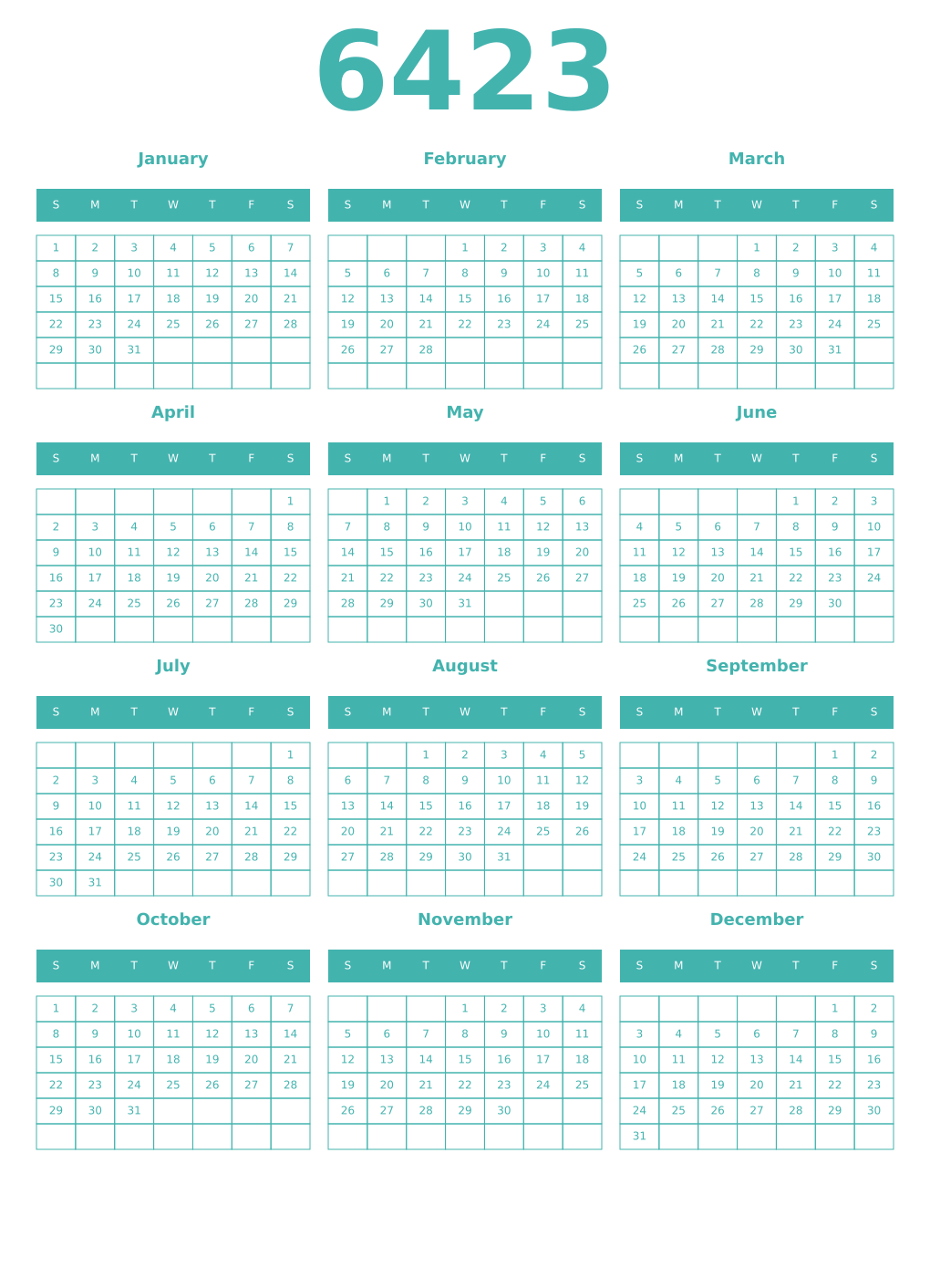 Printable 6423 Year Calendars verdigris