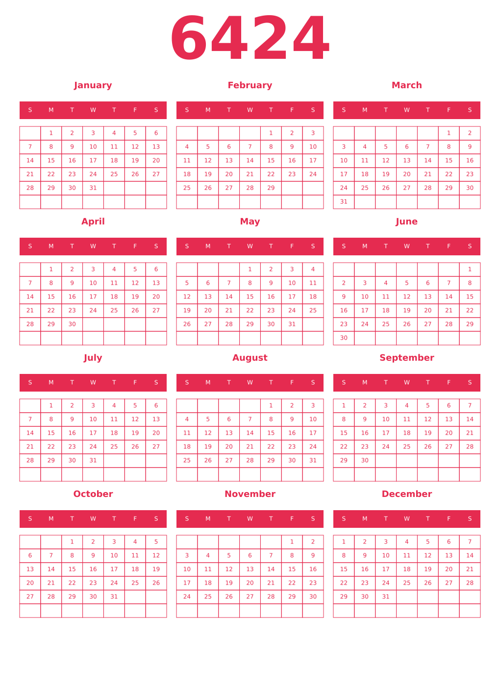 Printable 6424 Year Calendars amaranth