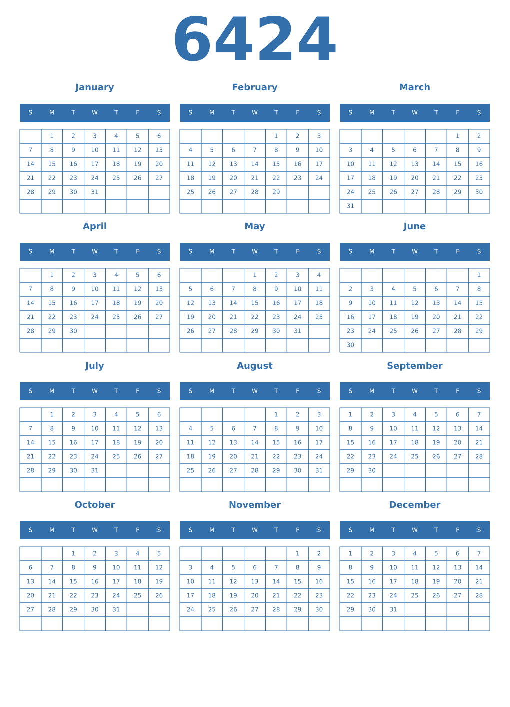 Printable 6424 Year Calendars blue