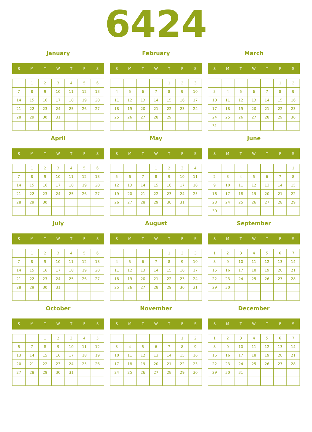 Printable 6424 Year Calendars chartreuse