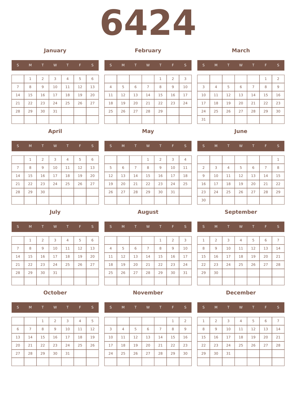 Printable 6424 Year Calendars coffe