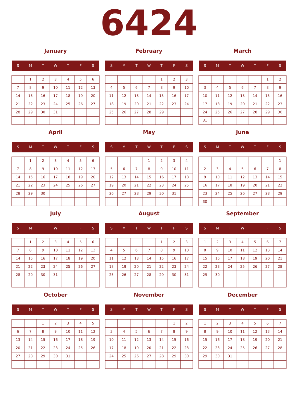 Printable 6424 Year Calendars falu