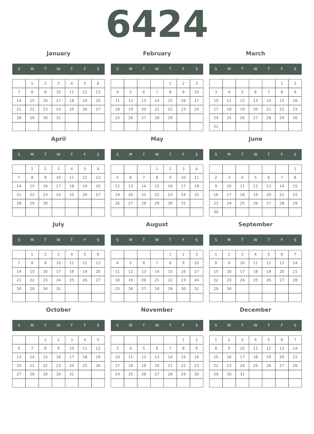 Printable 6424 Year Calendars feldgrau