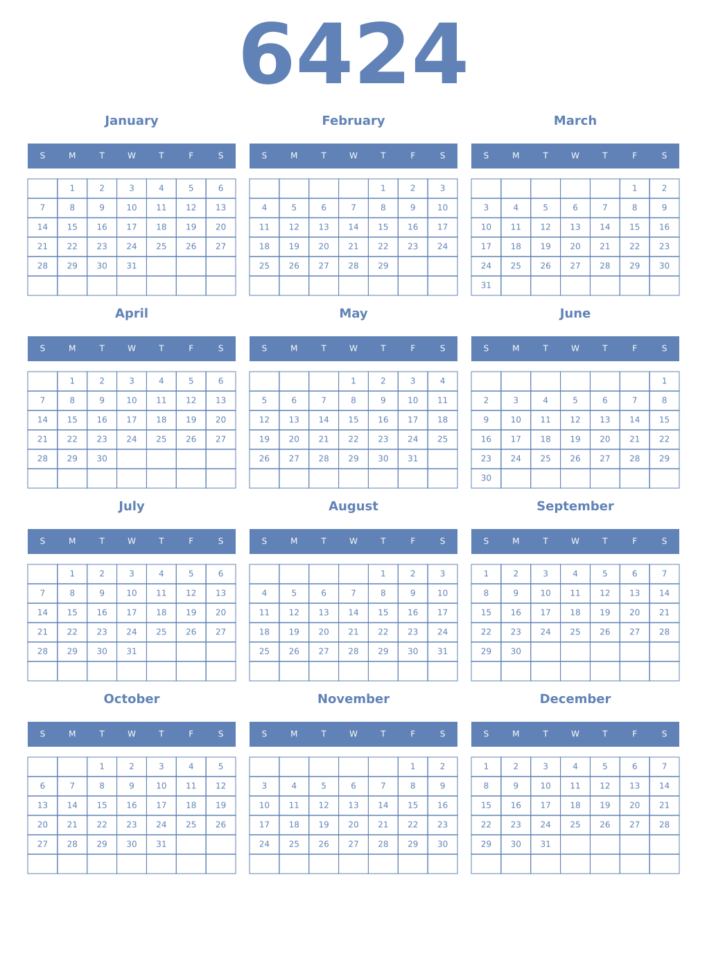 Printable 6424 Year Calendars glaucous