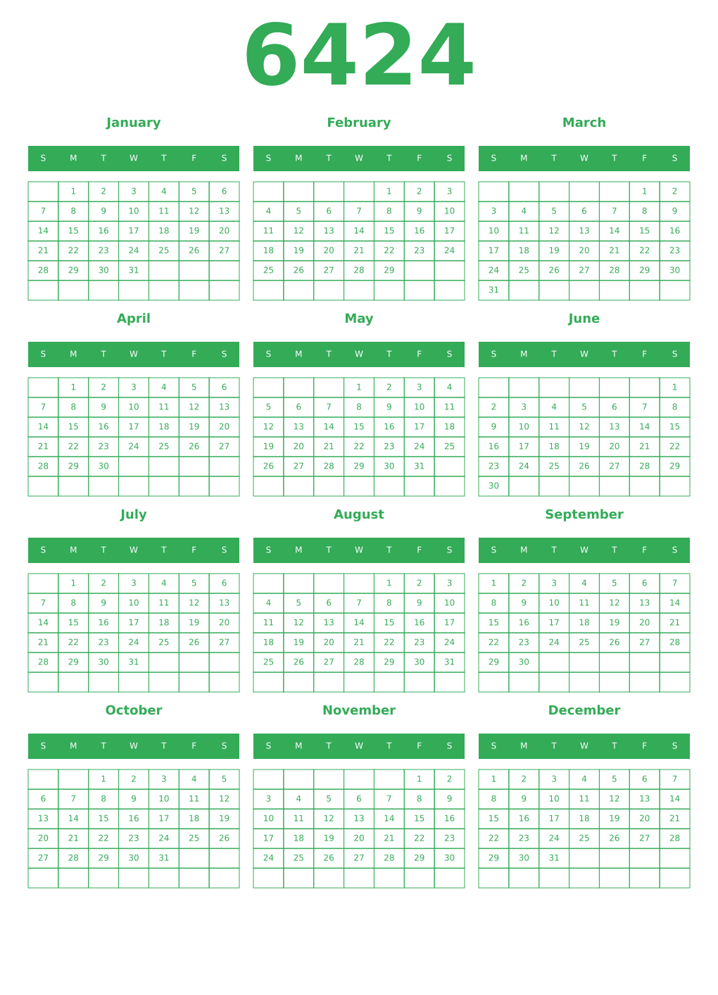 Printable 6424 Year Calendars green