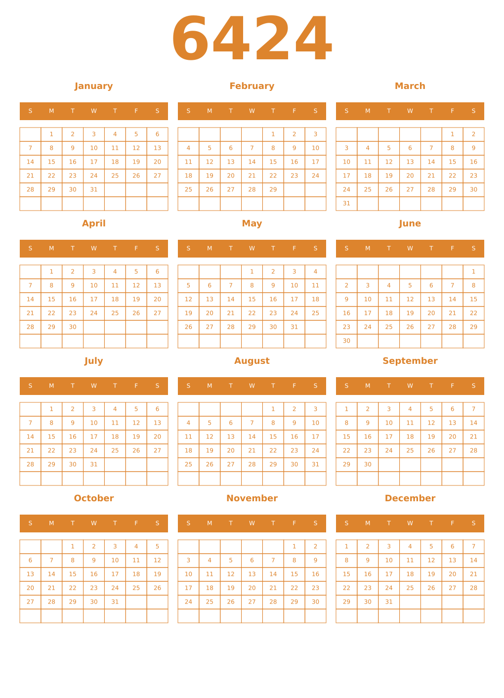 Printable 6424 Year Calendars orange