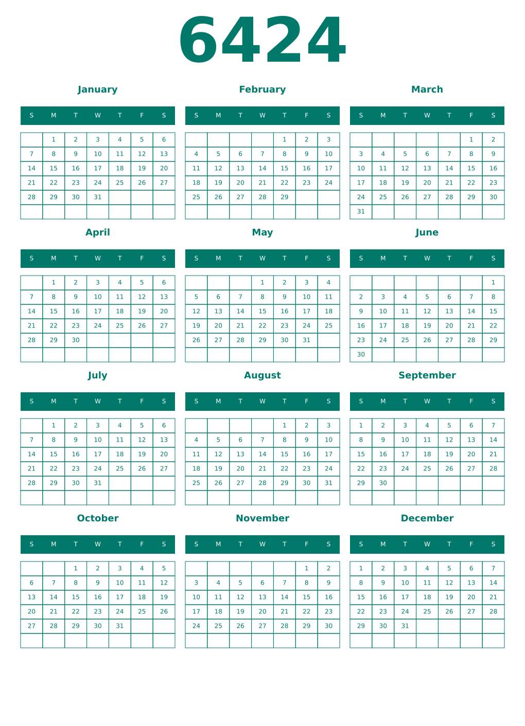 Printable 6424 Year Calendars pastel