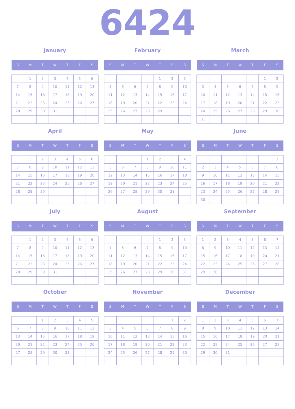 Printable 6424 Year Calendars periwinkle