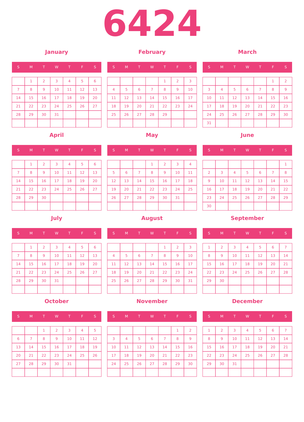 Printable 6424 Year Calendars pink
