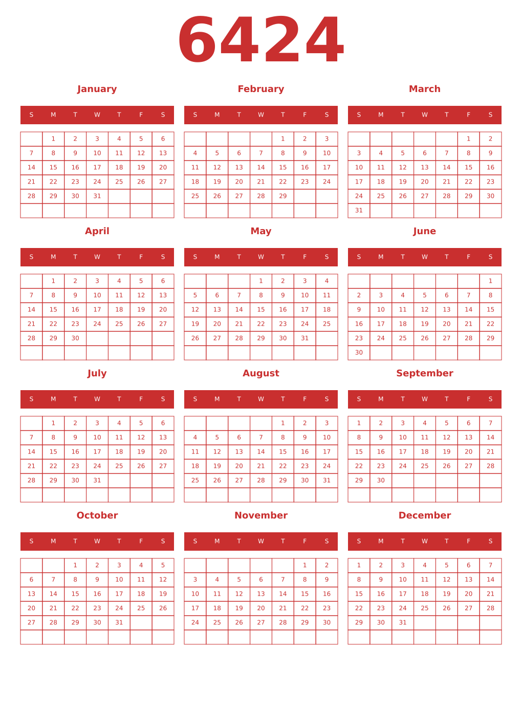 Printable 6424 Year Calendars red