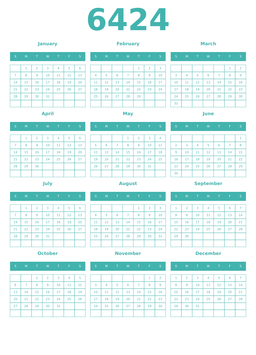 Printable 6424 Year Calendars verdigris