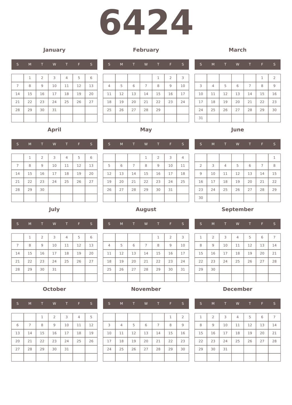 Printable 6424 Year Calendars wenge