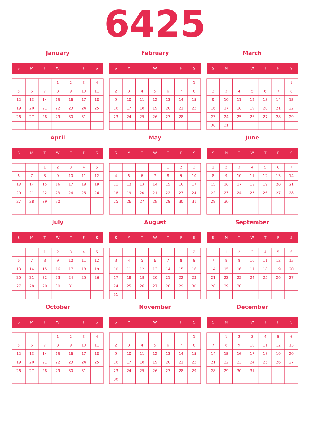 Printable 6425 Year Calendars amaranth