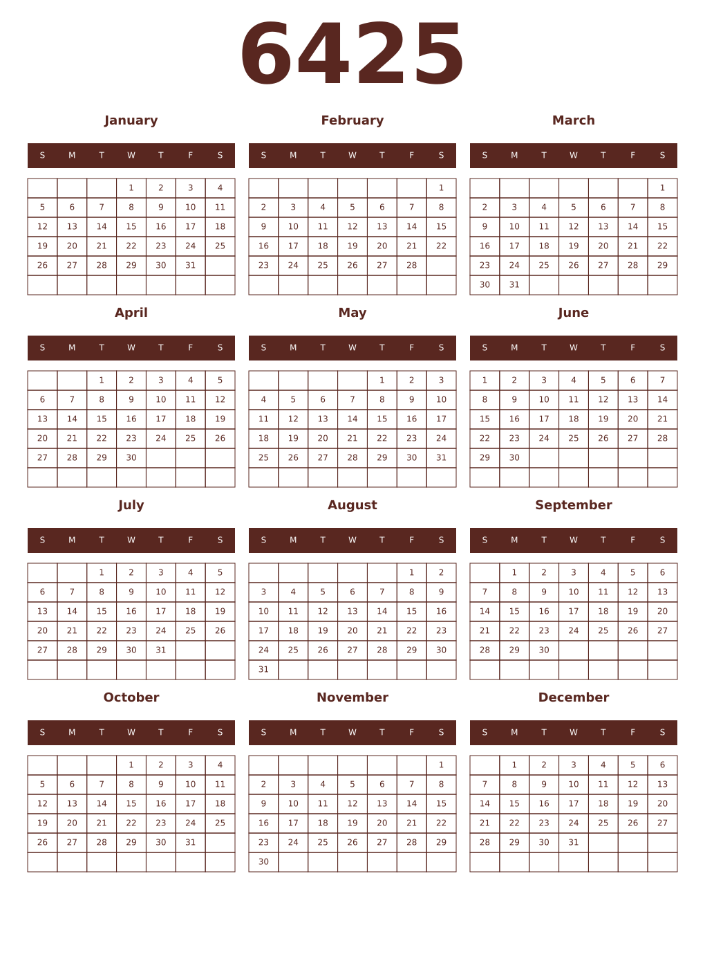 Printable 6425 Year Calendars mortuum