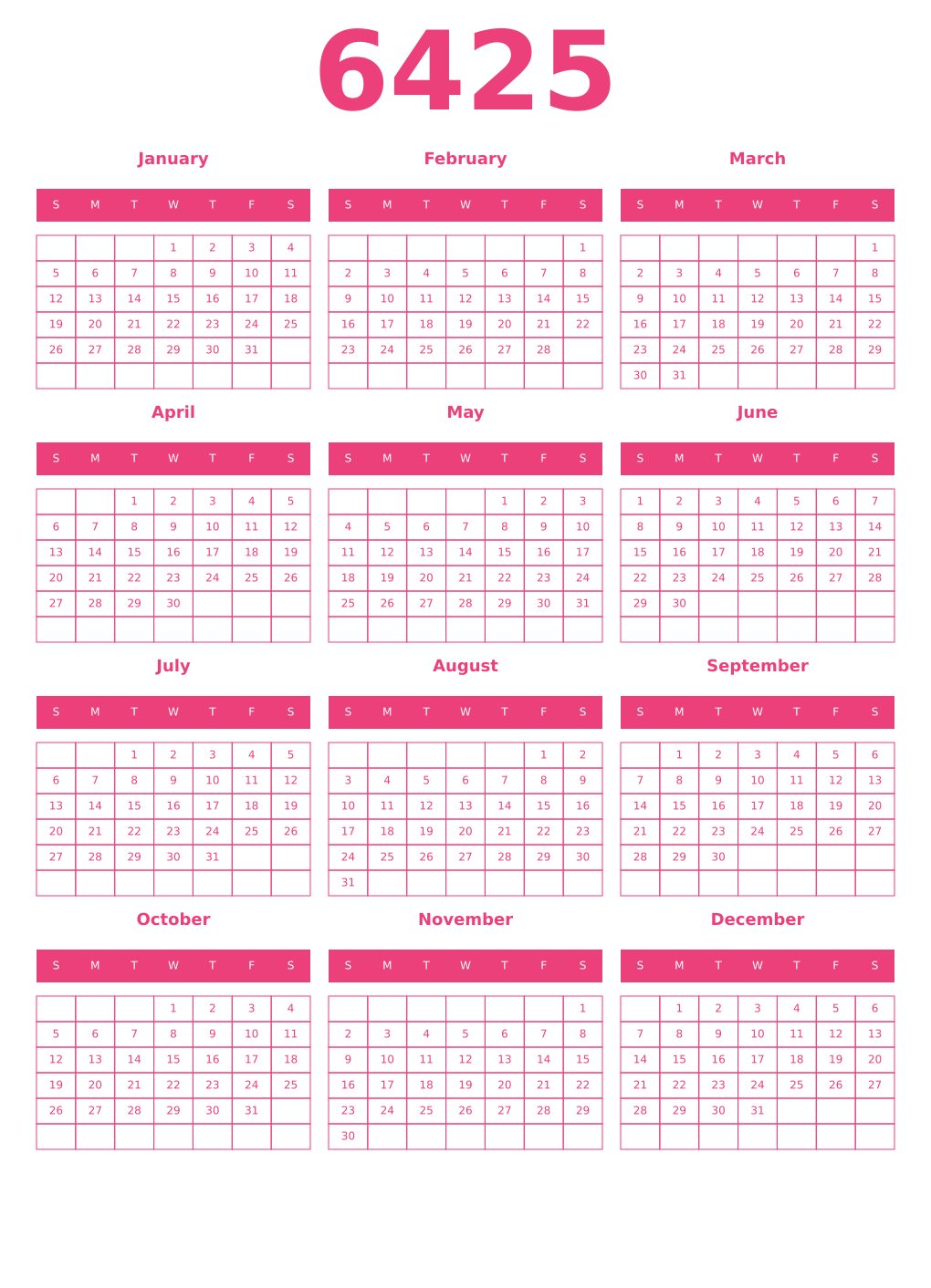 Printable 6425 Year Calendars pink