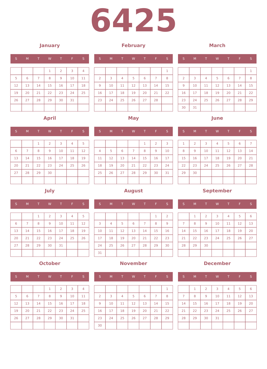 Printable 6425 Year Calendars puce