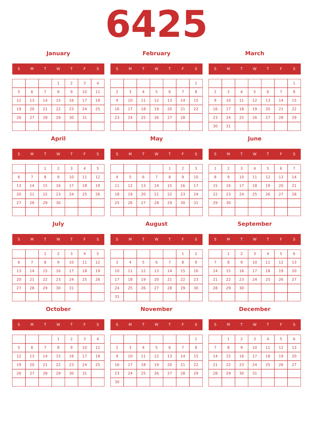 Printable 6425 Year Calendars red