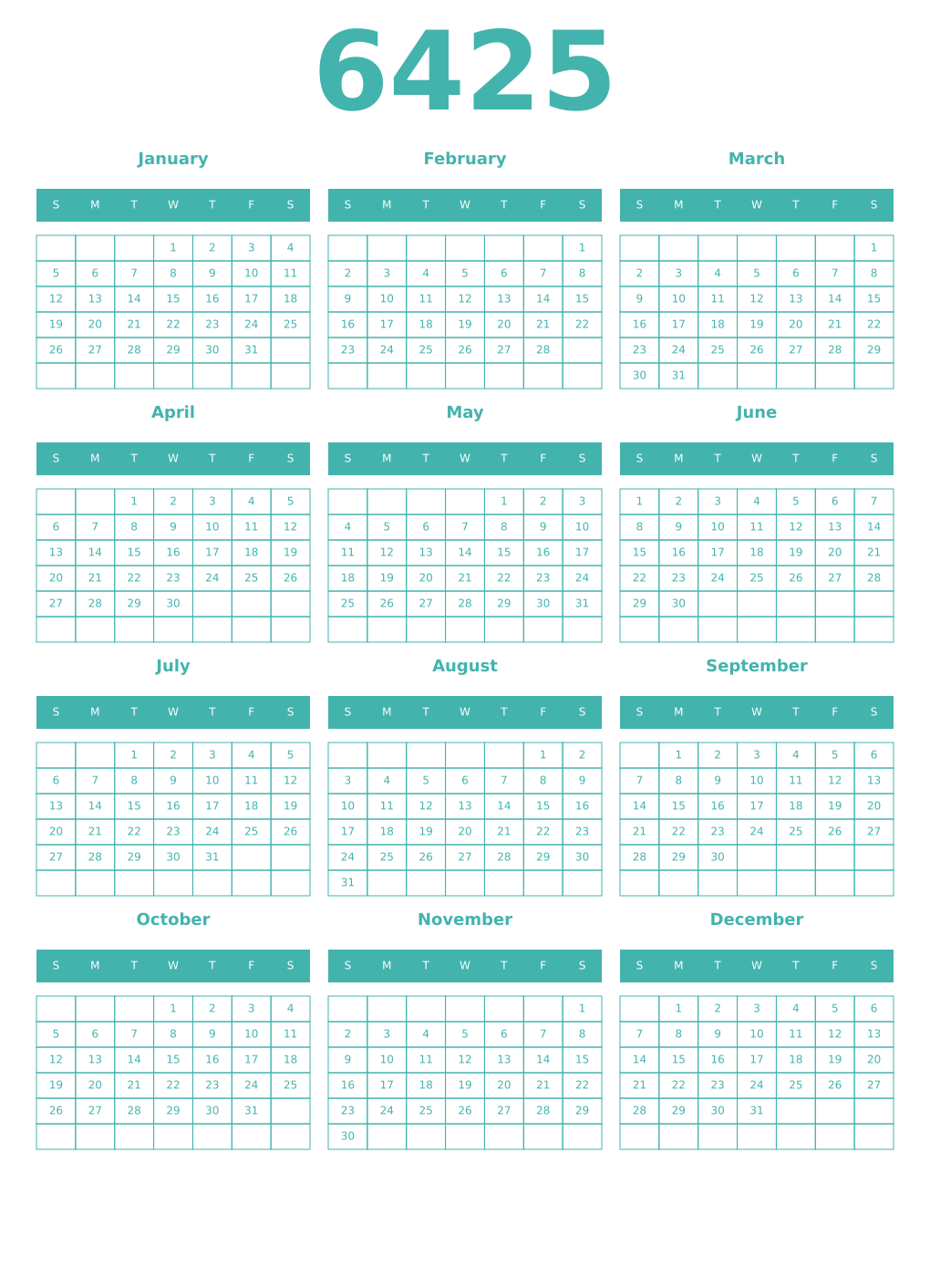 Printable 6425 Year Calendars verdigris