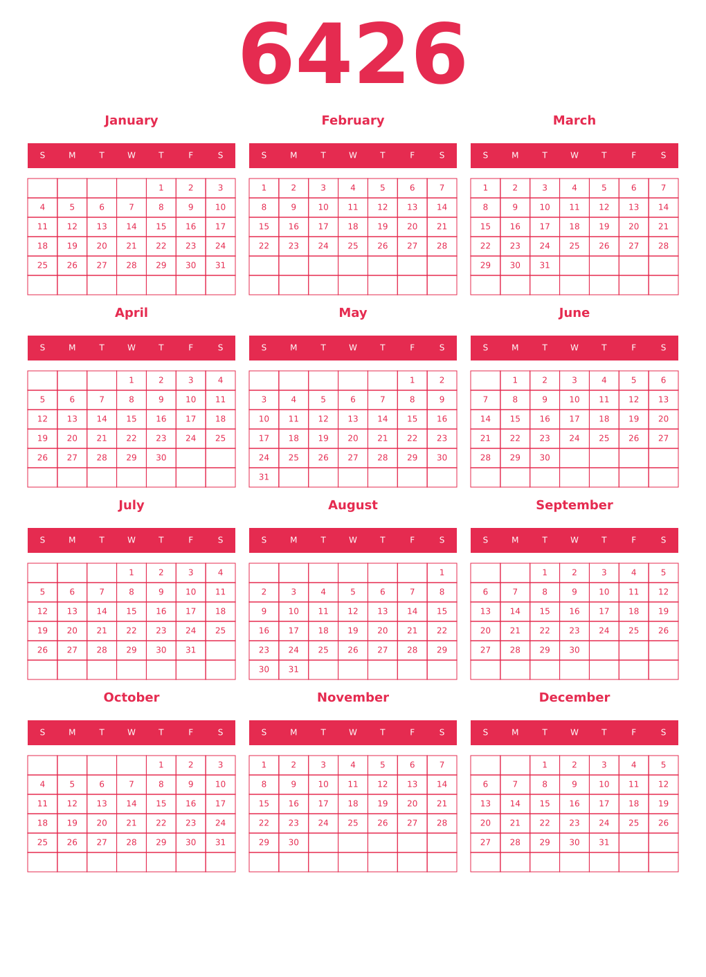 Printable 6426 Year Calendars amaranth