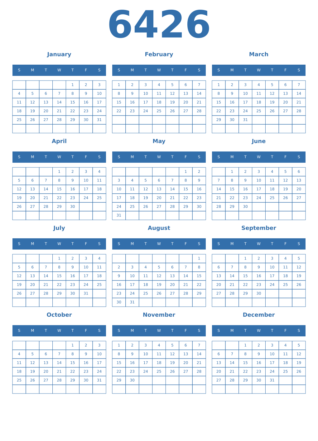 Printable 6426 Year Calendars blue