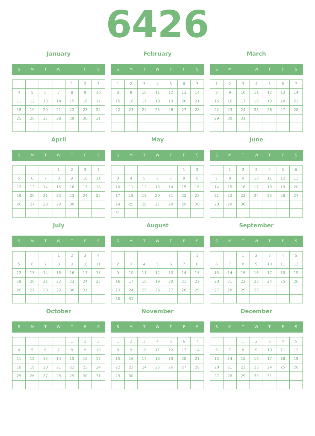 Printable 6426 Year Calendars celadon