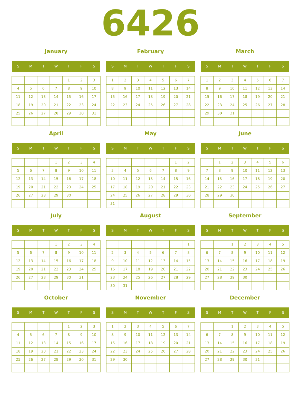 Printable 6426 Year Calendars chartreuse