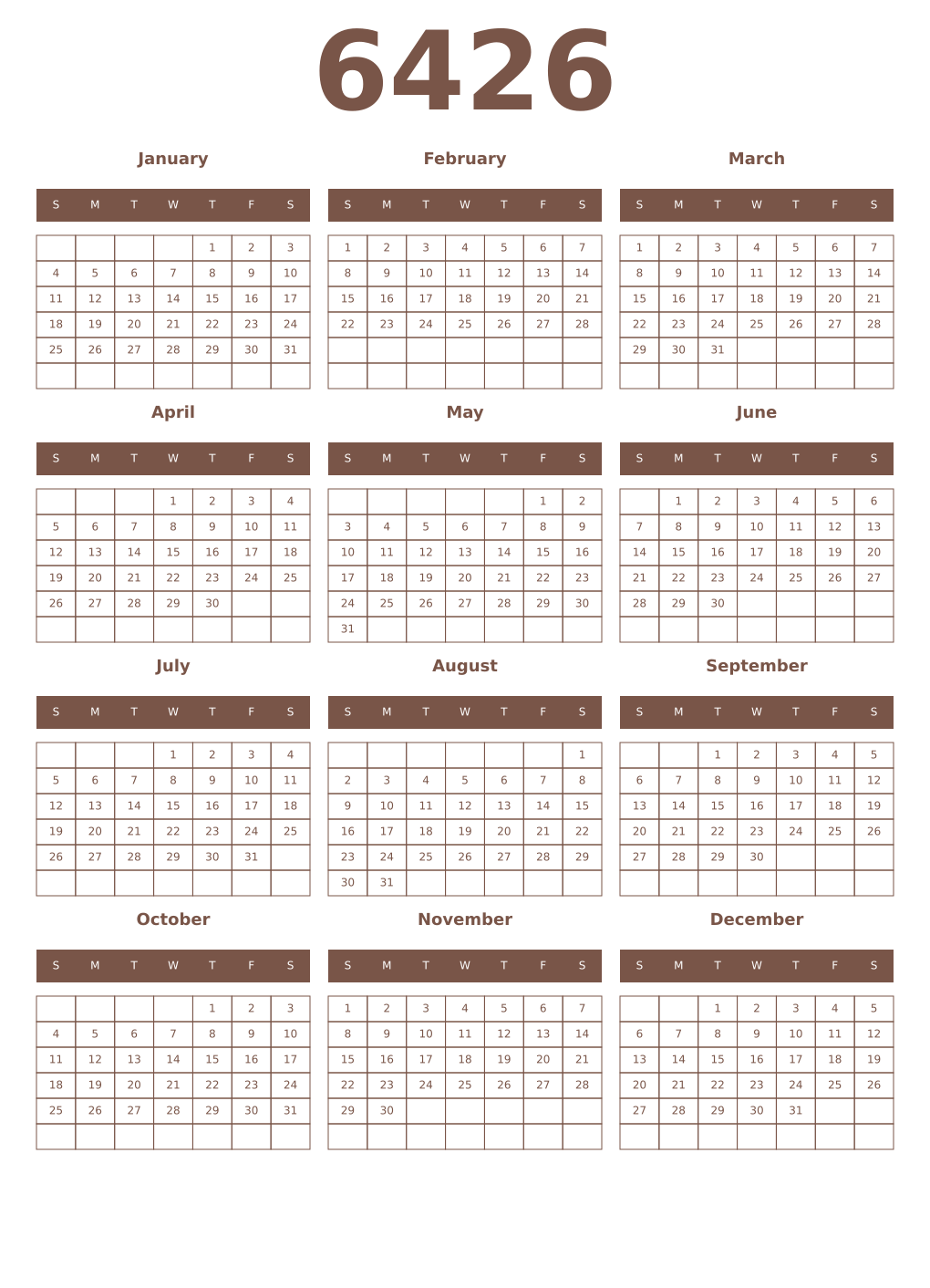 Printable 6426 Year Calendars coffe