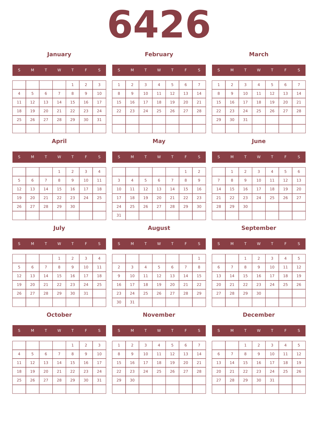 Printable 6426 Year Calendars cordovan