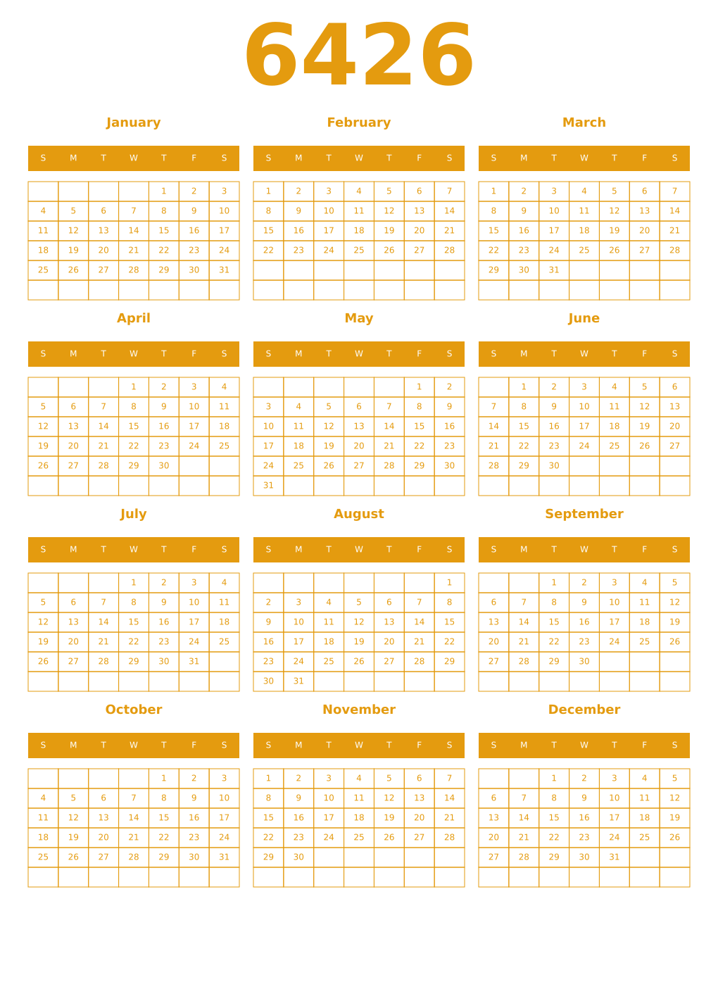 Printable 6426 Year Calendars gamboge