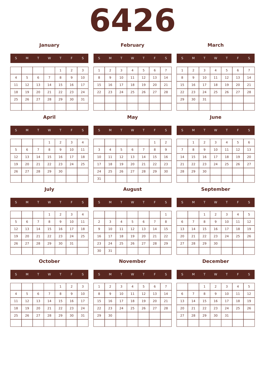 Printable 6426 Year Calendars mortuum