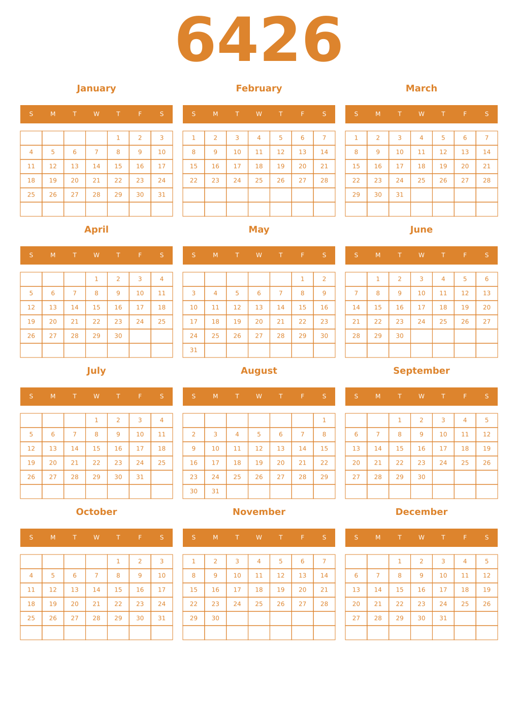 Printable 6426 Year Calendars orange