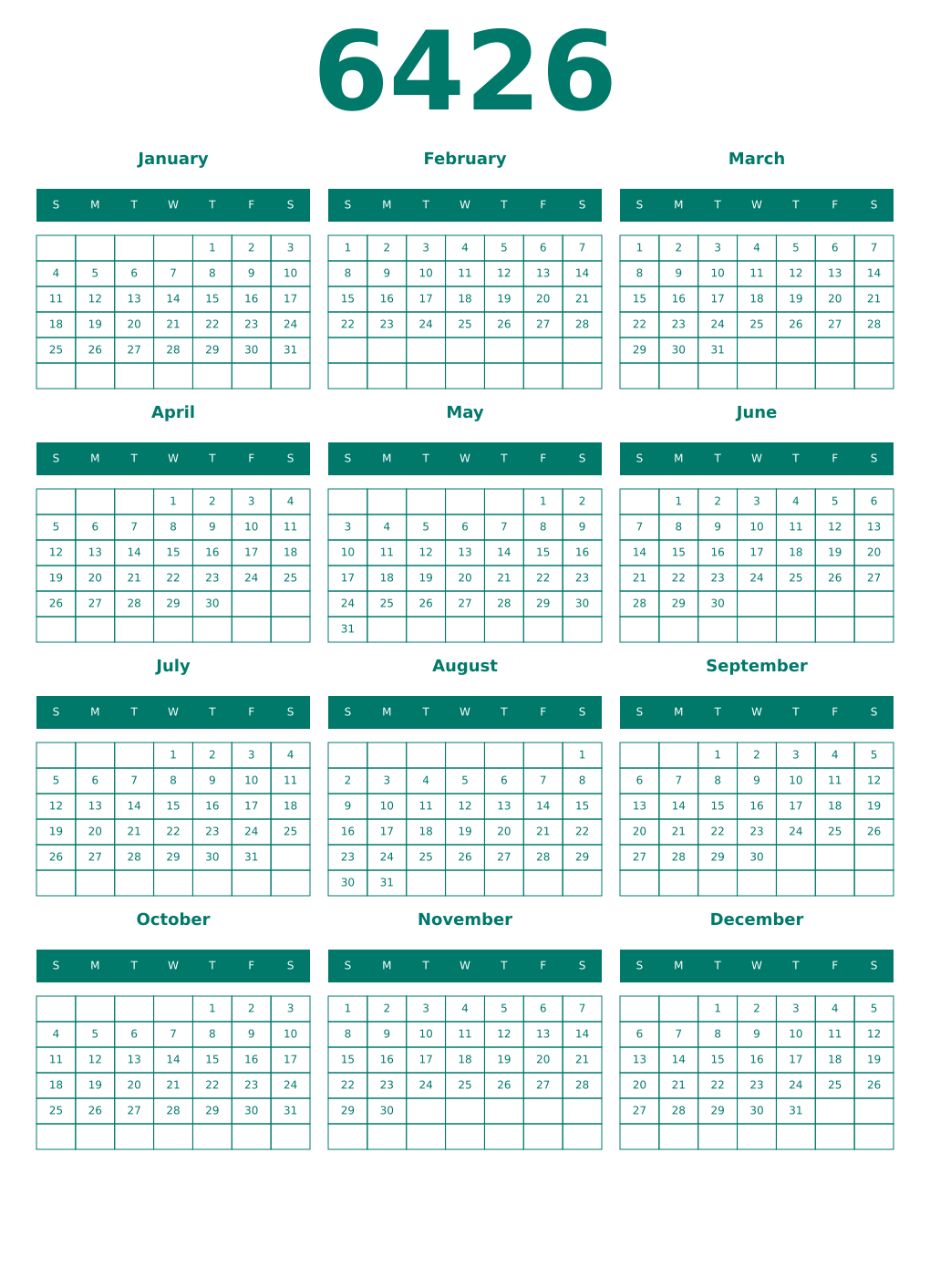 Printable 6426 Year Calendars pastel