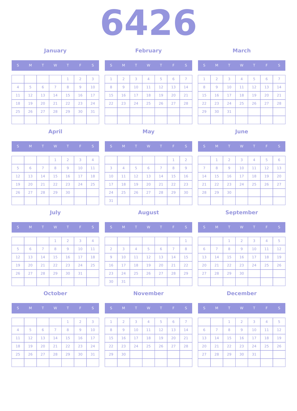 Printable 6426 Year Calendars periwinkle