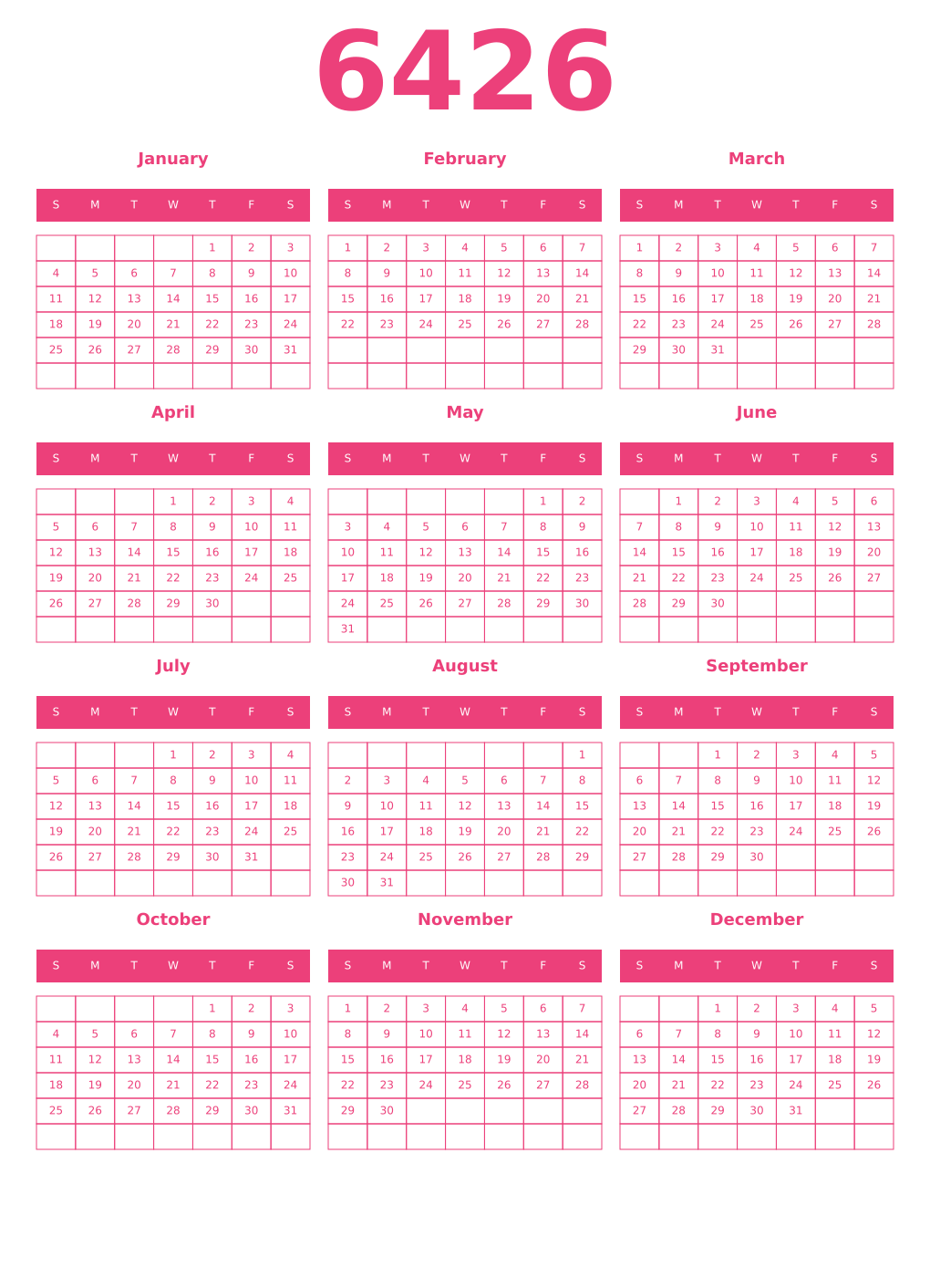 Printable 6426 Year Calendars pink