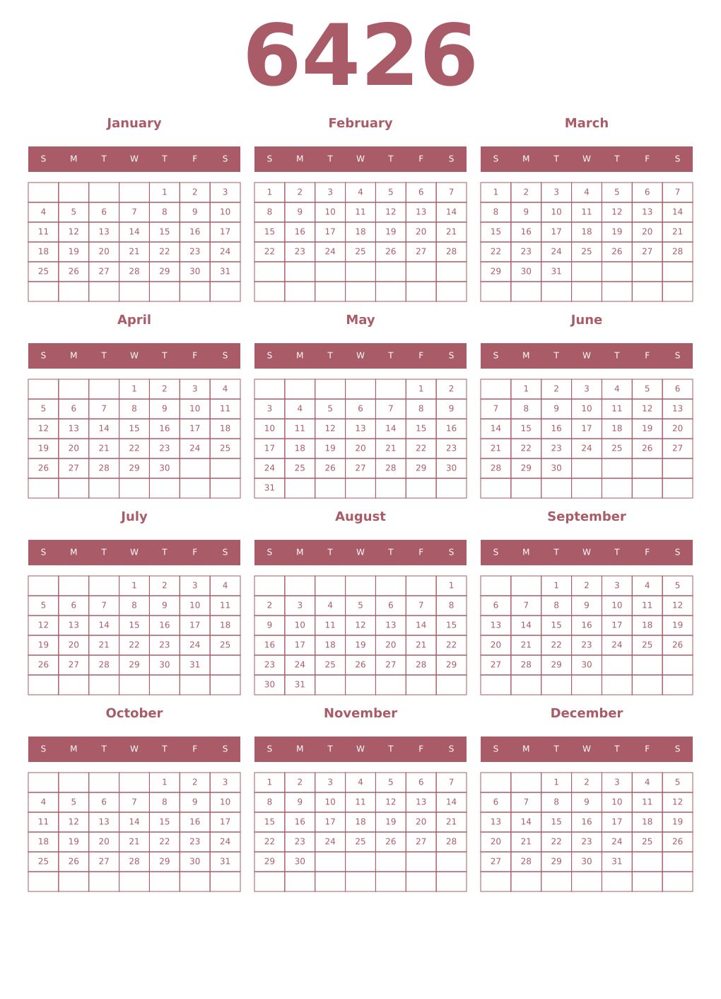 Printable 6426 Year Calendars puce