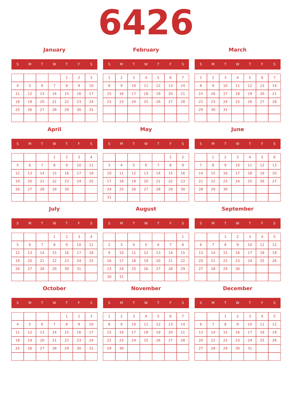 Printable 6426 Year Calendars red